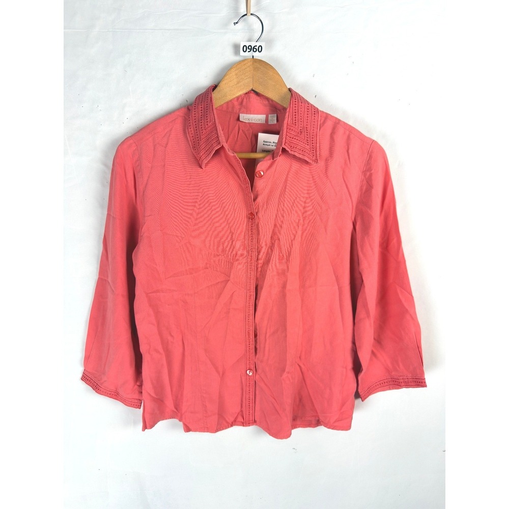2/$30 Lexicon Red Pink Silk Embroidered Collar 3/4 Sleeve Button Up Top Size S